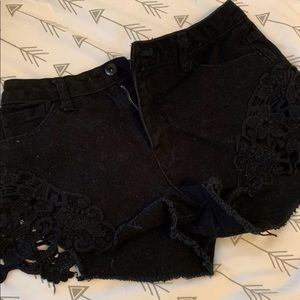 lace accent black jean shorts